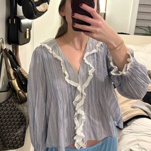 Doen Ruffled Blue and White Lace-Trim Striped Women's Blouse